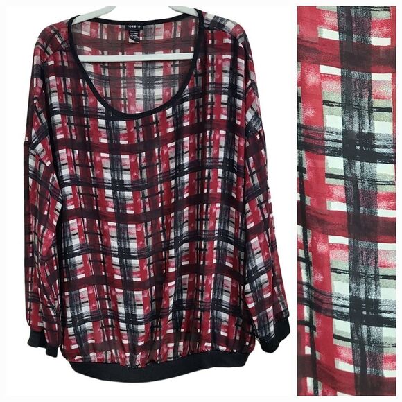 Torrid Red & Black Plaid Plaid Sheer Blouse Banded Waist Quarter Sleeves Plus 2X - Picture 1 of 12